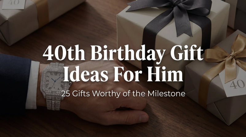 Ice Royal Moissanite Watch on a man’s wrist beside wrapped 40th birthday gifts