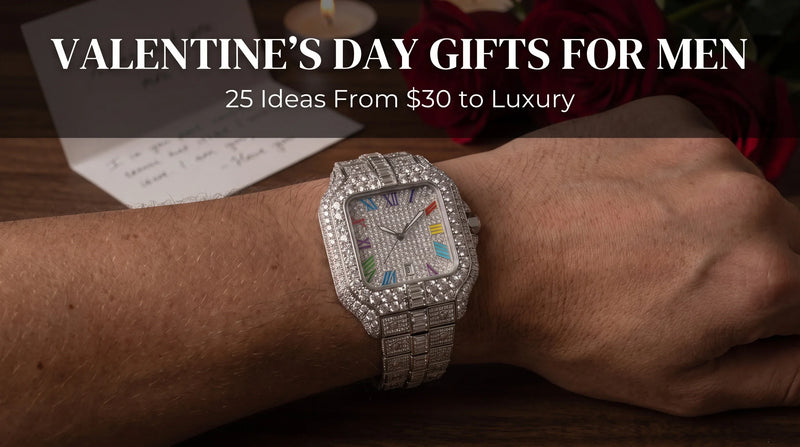 Rainbow iced out watch from The Mogul on a wrist, with a Roman numeral dial and multicolor stone indexes