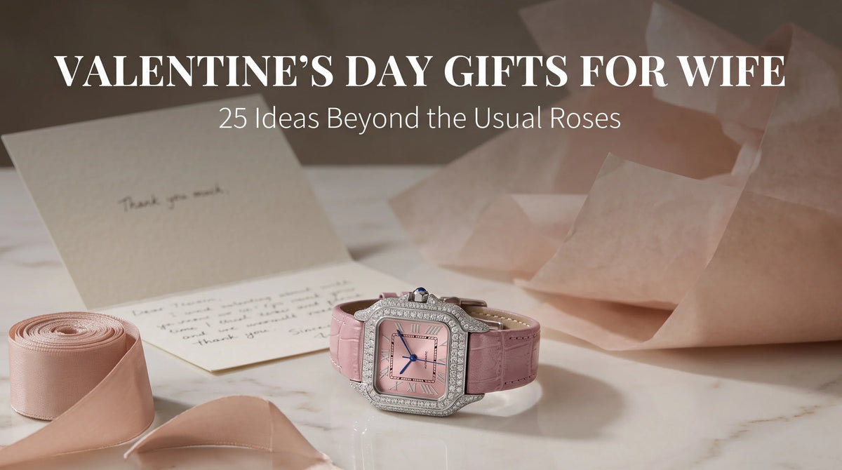 Liora Rose moissanite watch with pink dial and leather strap styled as a Valentine’s Day gift