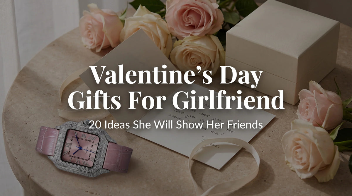 Liora Rose moissanite watch with pink dial and leather strap styled as a Valentine’s Day gift