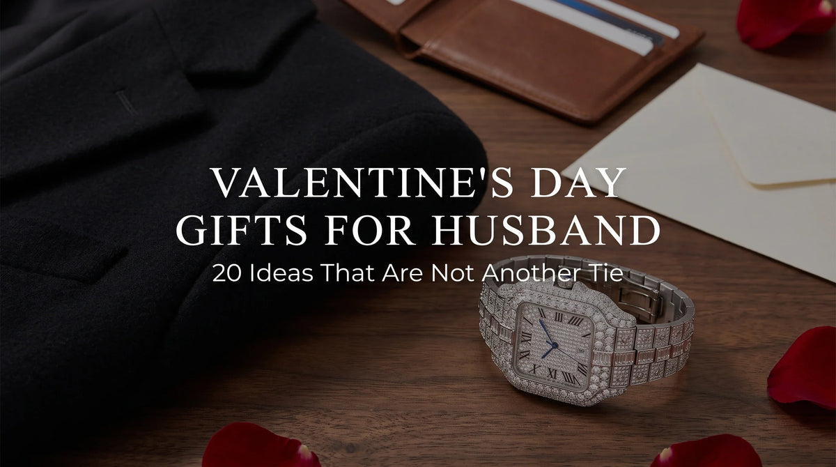 Ice Royal Moissanite Watch styled as a Valentine’s Day gift for a husband on a dark flat-lay