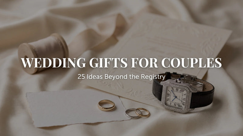 Liora Pearl moissanite watch styled with wedding invitation, ribbon, and rings on a cream flat lay