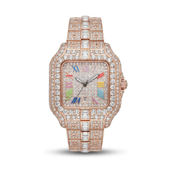Rainbow iced out watch, rose gold 36 mm | United Jewel