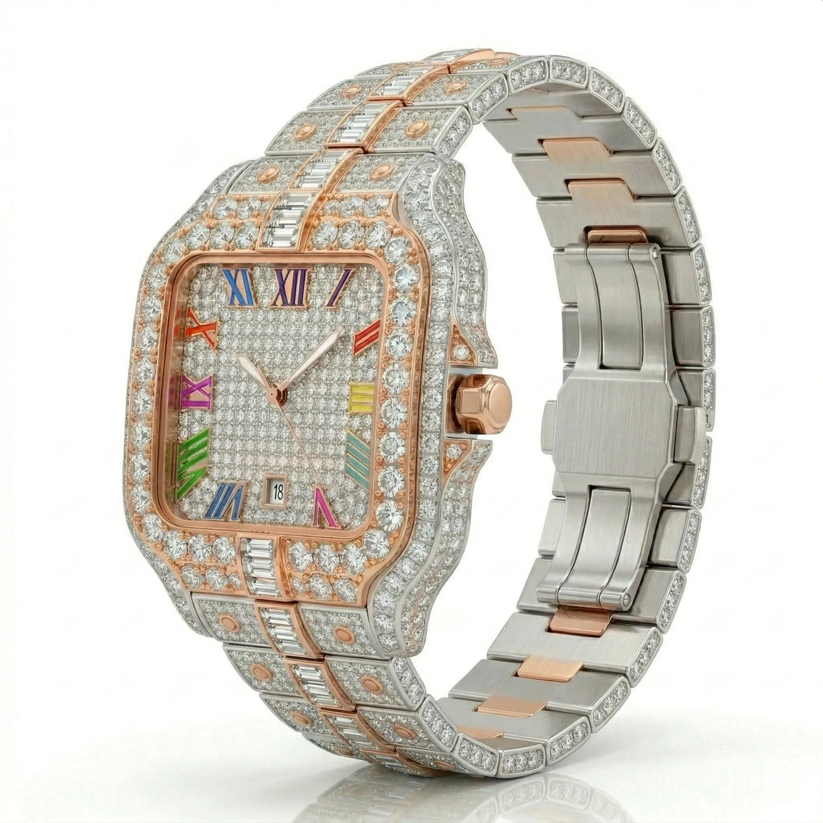 Rainbow iced out watch, rose gold – view 6 | United Jewel