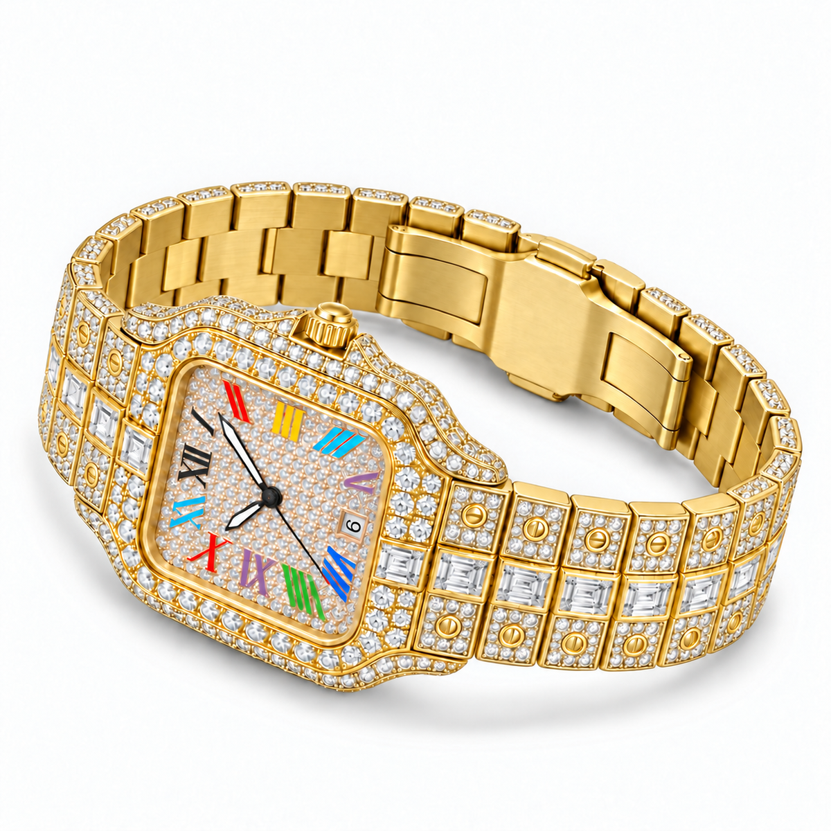 Rainbow iced out watch 36 mm, gold - flat view | United Jewel