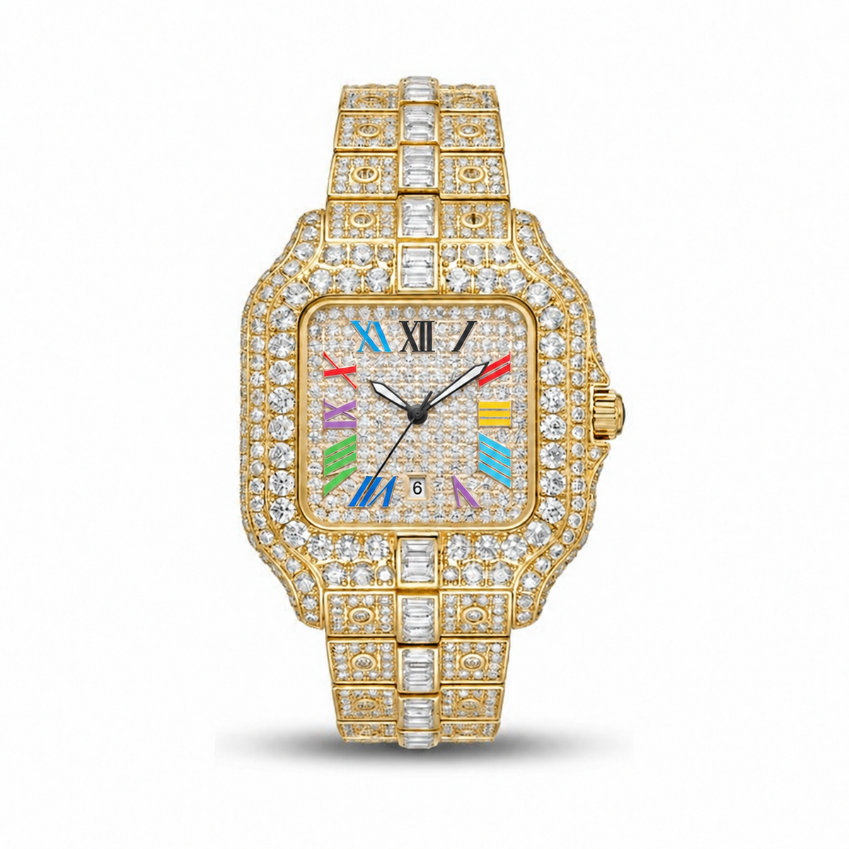 Rainbow iced out watch 36 mm, gold – front view | United Jewel