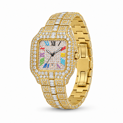 Rainbow iced out watch 36 mm, gold – side view | United Jewel
