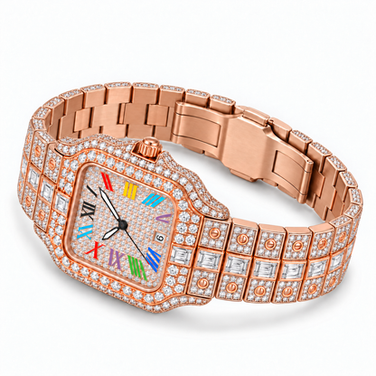 Rainbow iced out watch 36 mm, rose gold - flat view | United Jewel