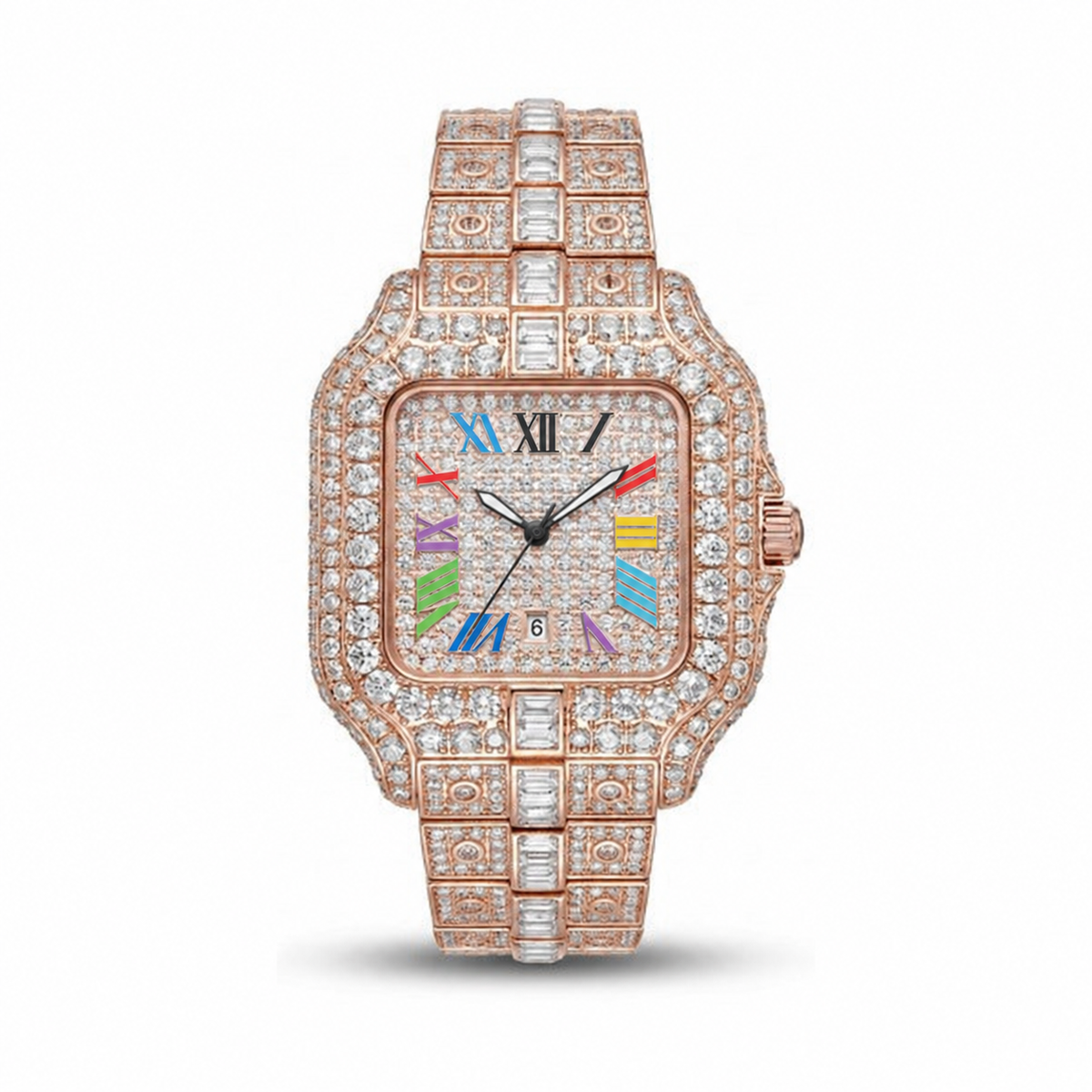 Rainbow iced out watch 36 mm, rose gold – front view | United Jewel