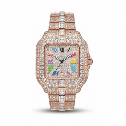 Rainbow iced out watch 36 mm, rose gold – front view | United Jewel