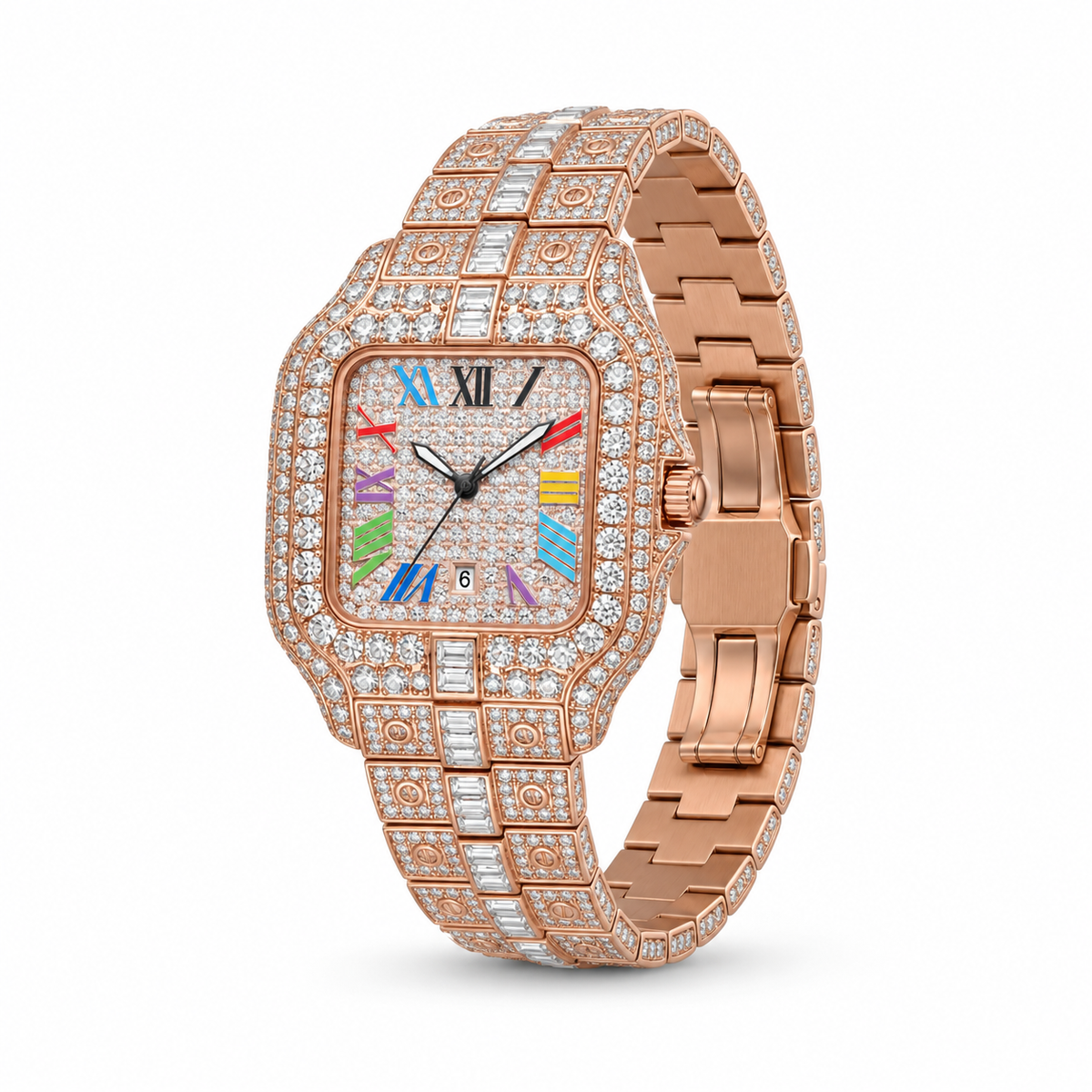 Rainbow iced out watch 36 mm, rose gold – side view | United Jewel