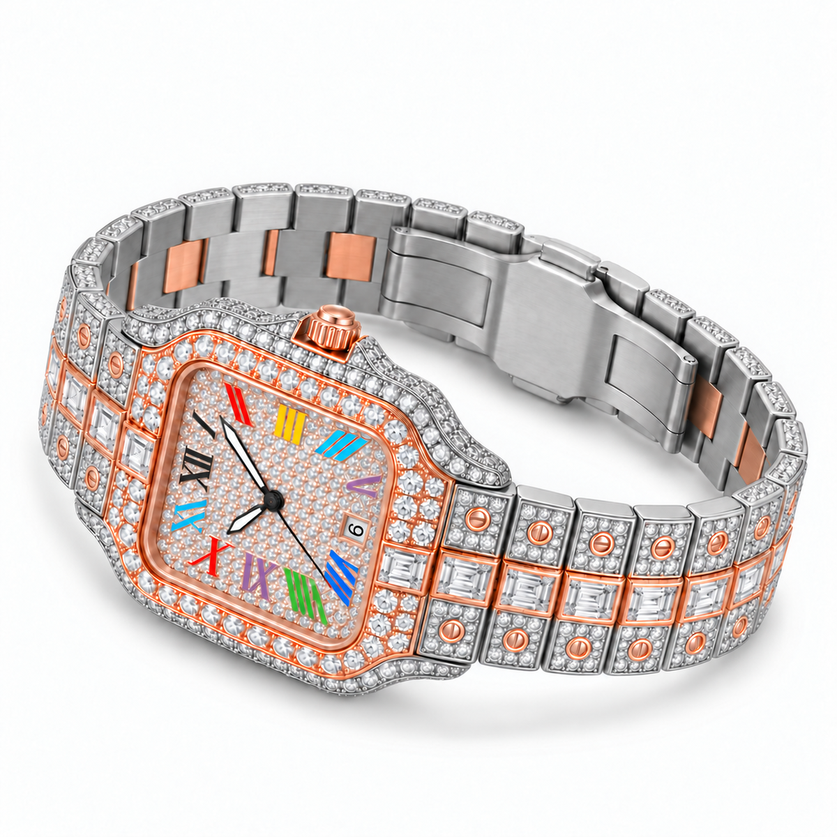Rainbow iced out watch 36 mm, two tone - flat view | United Jewel