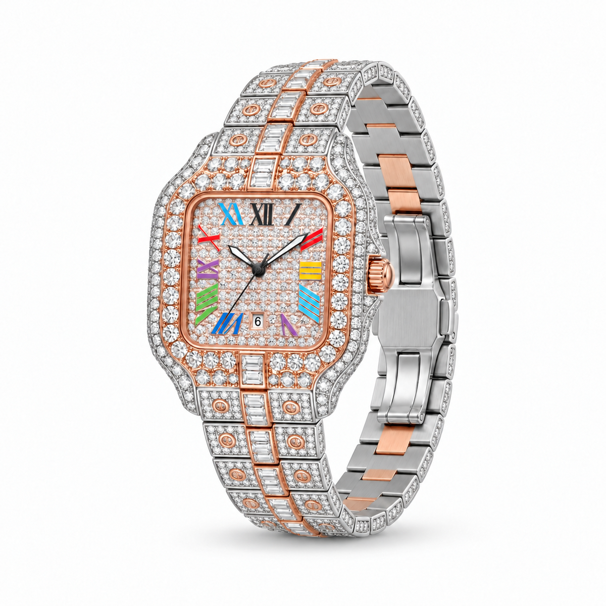 Rainbow iced out watch 36 mm, two tone - side view | United Jewel