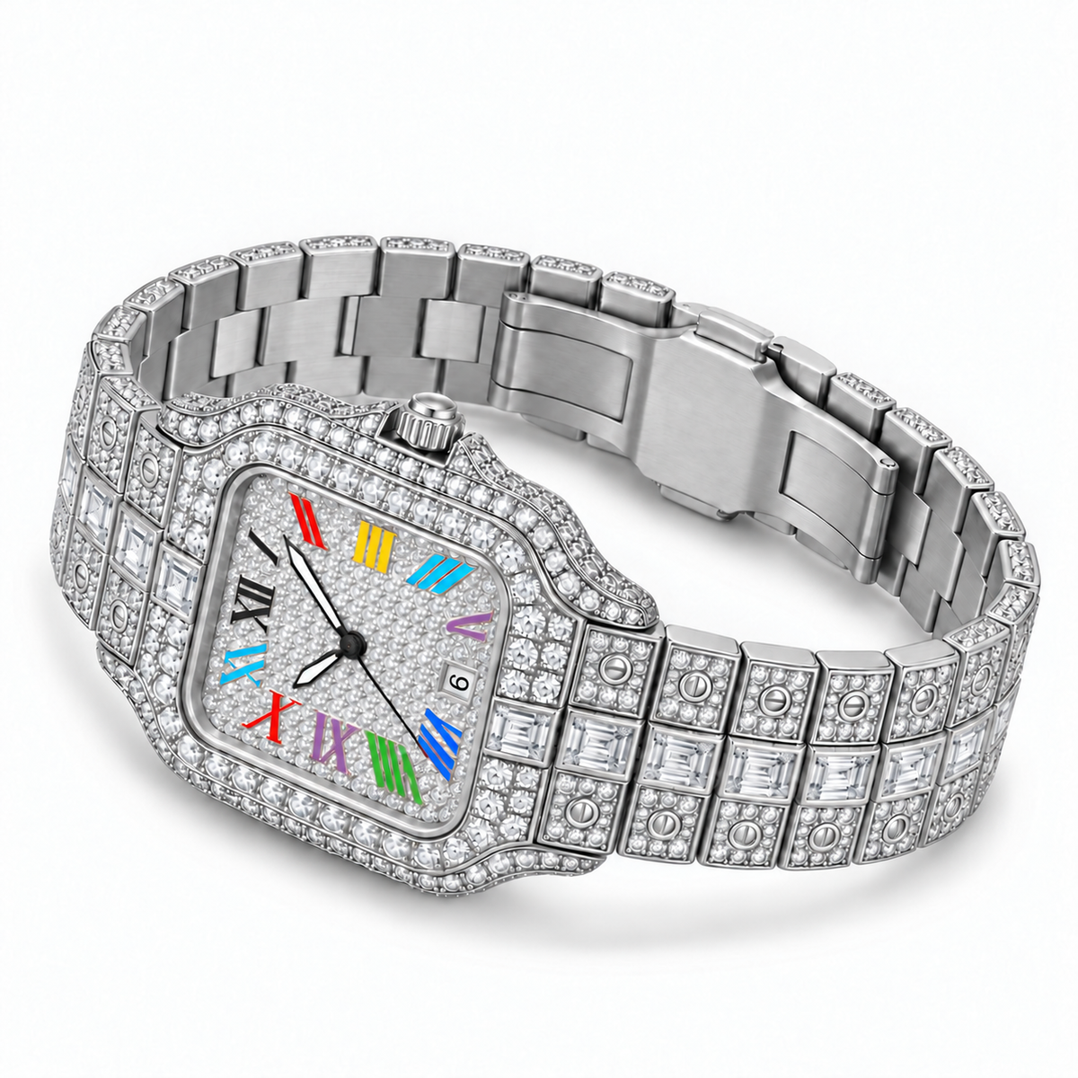 Rainbow iced out watch 36 mm, white - flat view | United Jewel