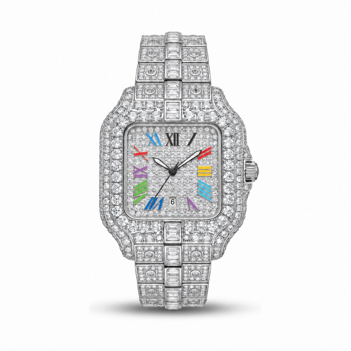 Rainbow iced out watch 36 mm, white – front view | United Jewel