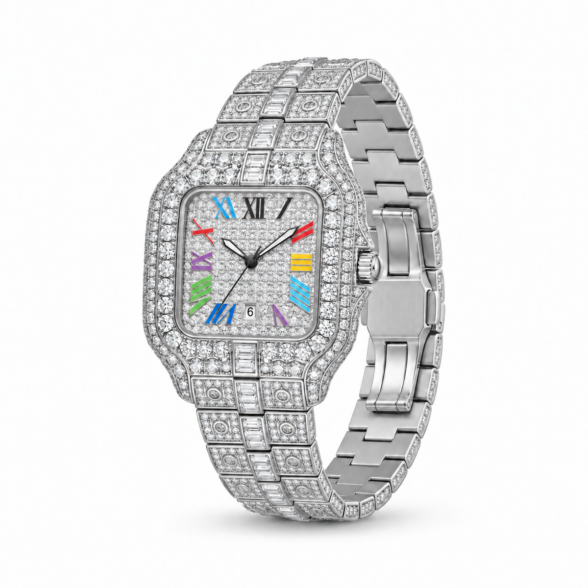 Rainbow iced out watch 36 mm, white – side view | United Jewel