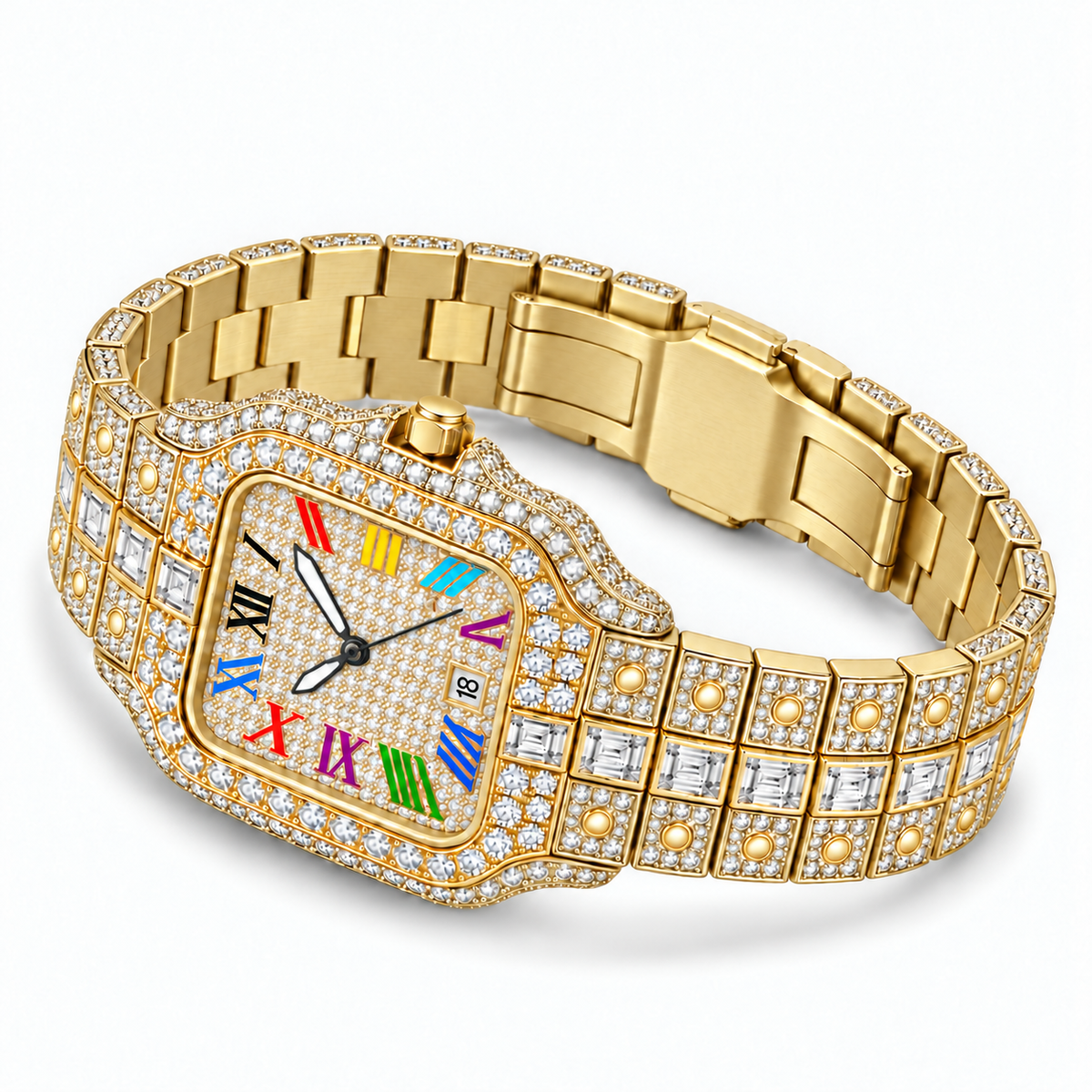 Rainbow iced out watch 42 mm, gold - flat view | United Jewel