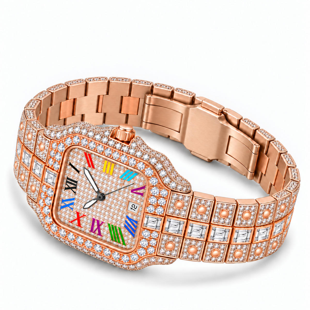Rainbow iced out watch 42 mm, rose gold - flat view | United Jewel