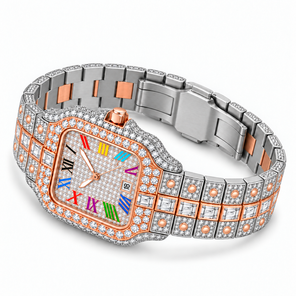 Rainbow iced out watch 42 mm, two tone - flat view | United Jewel