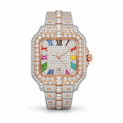 Rainbow iced out watch 42 mm, two tone - front view | United Jewel