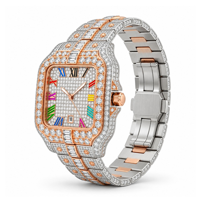 Rainbow iced out watch 42 mm, two tone - side view | United Jewel