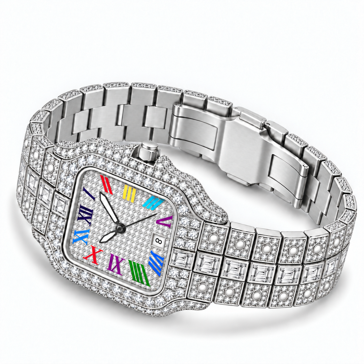 Rainbow iced out watch 42 mm, white - flat view | United Jewel
