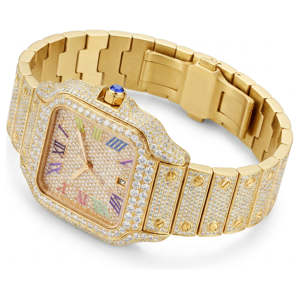 Rainbow Moissanite Watch - Gold, 42mm iced out - angled view