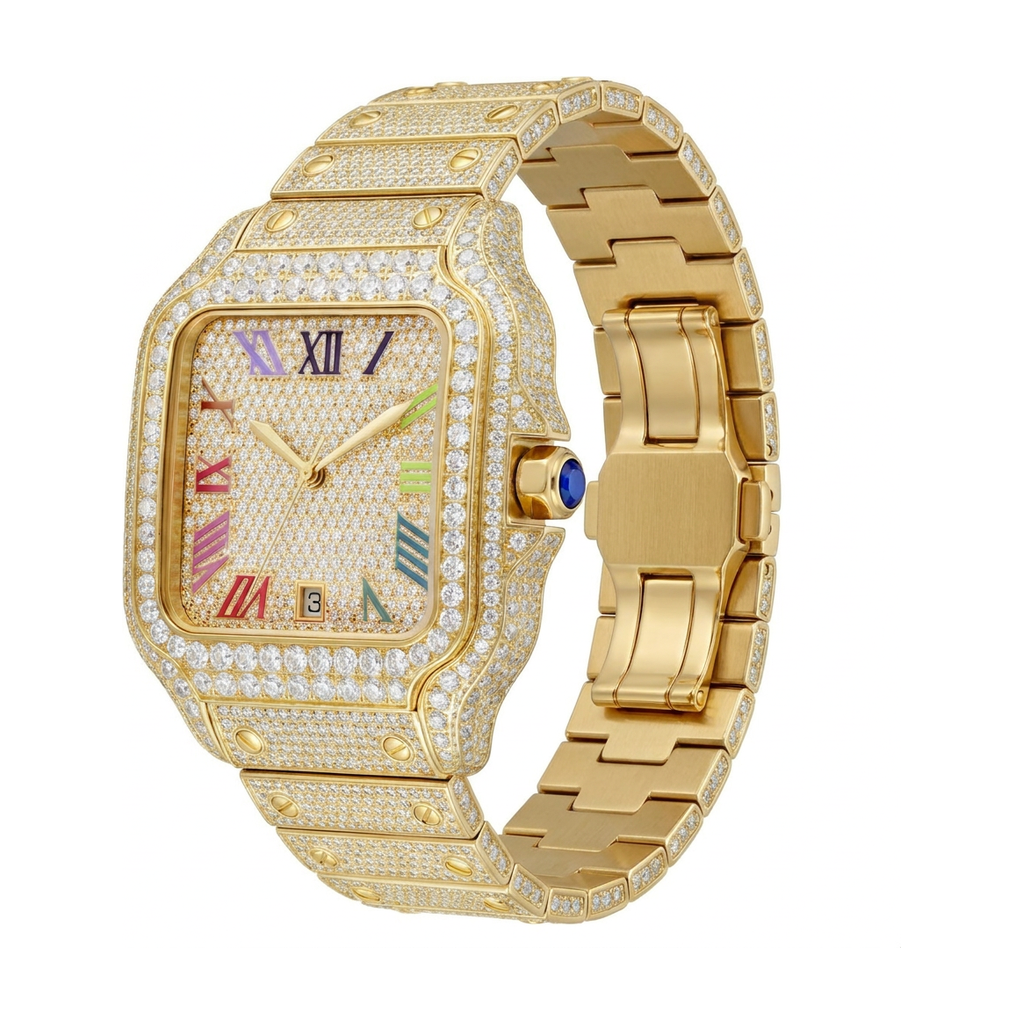 Rainbow Moissanite Watch - Gold, 42mm iced out - side view