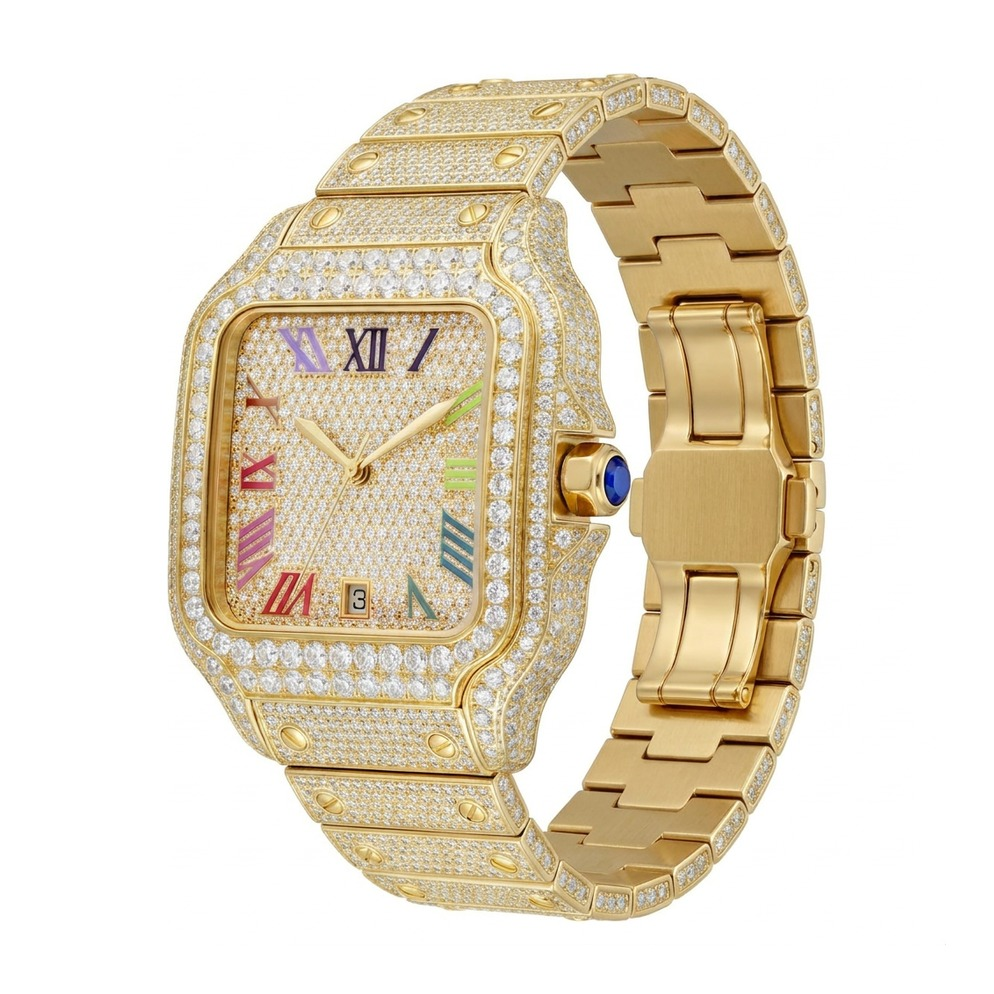 Rainbow Moissanite Watch - Gold, 42mm iced out - side view
