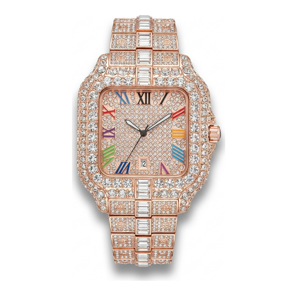 Rainbow iced out watch, rose gold – view 5 | United Jewel