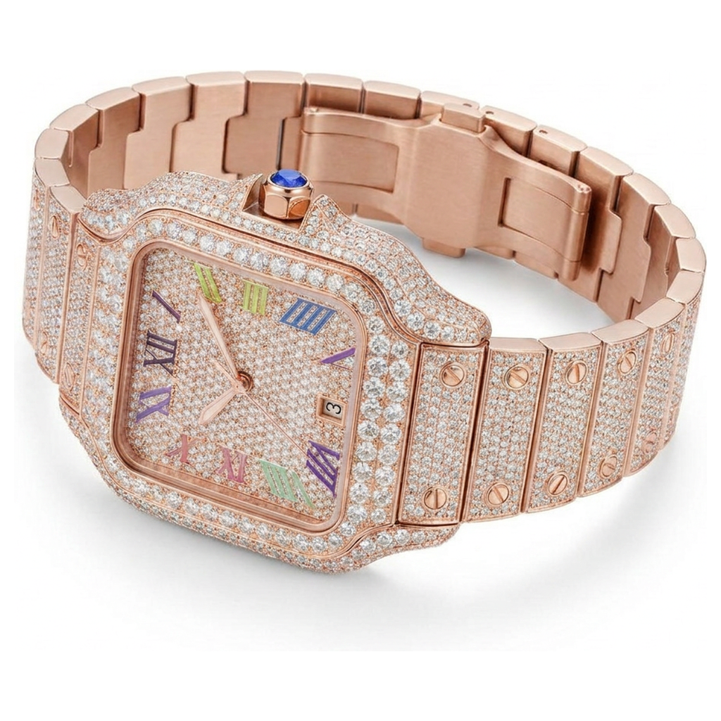 Rainbow Moissanite Watch - Rose Gold, 42mm iced out - angled view