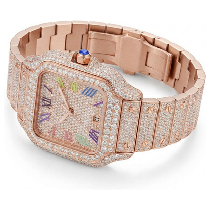 Rainbow Moissanite Watch - Rose Gold, 42mm iced out - angled view
