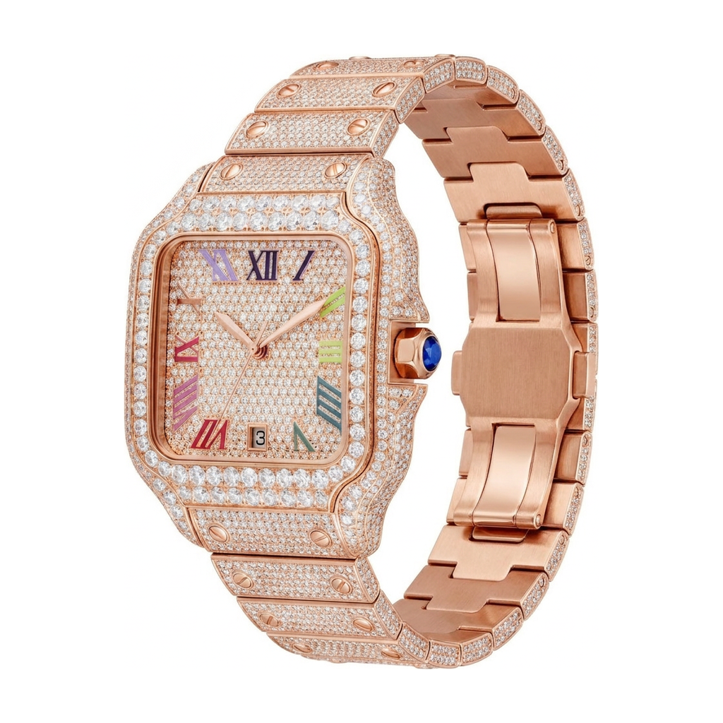 Rainbow Moissanite Watch - Rose Gold, 42mm iced out - side view