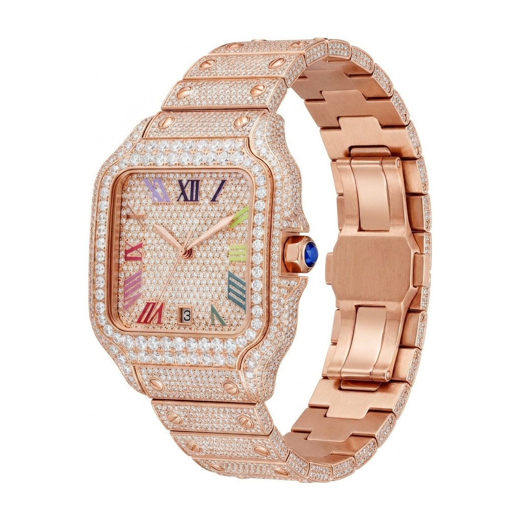Rainbow Moissanite Watch - Rose Gold, 42mm iced out - side view