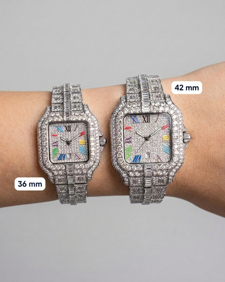 The Mogul Rainbow 42 mm and 36 mm side by side on the wrist
