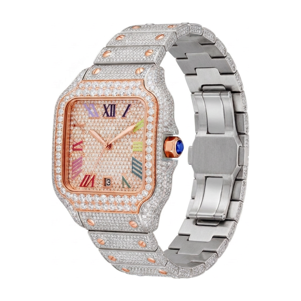 Rainbow Moissanite Watch - Two Tone, 42mm iced out - side view