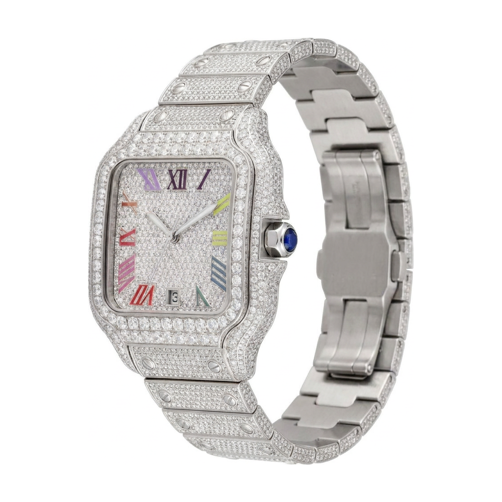 Rainbow Moissanite Watch - White, 42mm iced out - side view